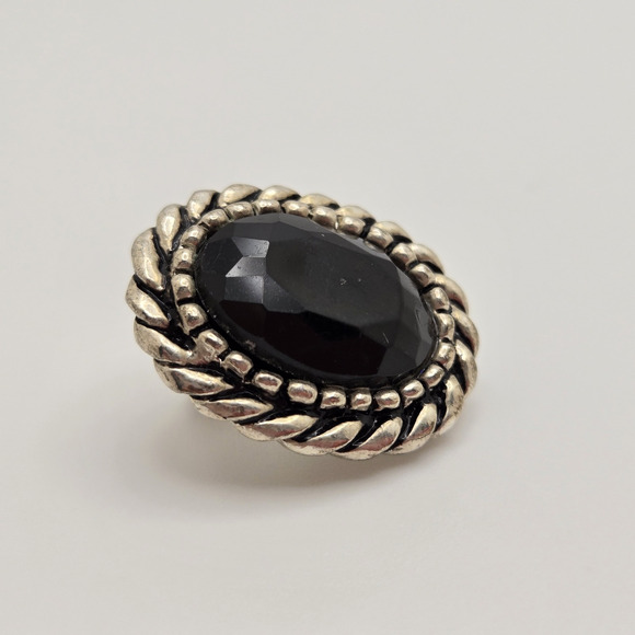 Vintage Earrings Black Oval Lucite Stone Chunky Silvertone Clip On Retro Classic - Picture 12 of 12